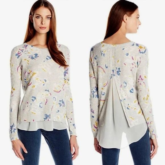 Lucky Brand Tops - Lucky Brand Sweater Top Tunic Floral Chiffon Sz XL Gray